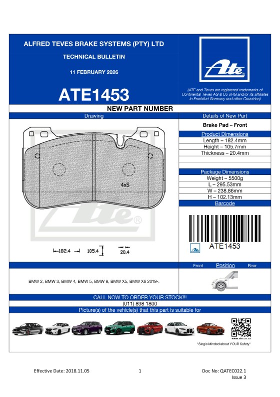 ATE1453 NEW! Brake pad for BMW 2, BMW 3, BMW 4, BMW 5, BMW 8, BMW X5, BMW X6  featured image